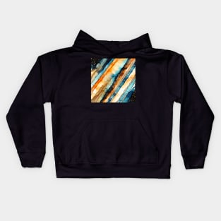 Orange Blue and Beige diagonal Stripes, alcohol ink pattern Kids Hoodie